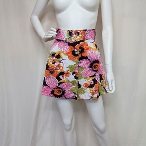 Vintage 60s 70s High Waist Button Up Multi Color Floral Mini Skater Skirt